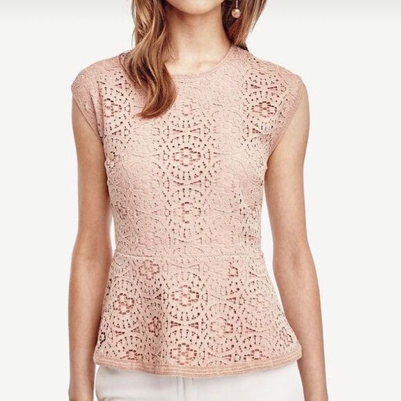 Ann Taylor Lace Peplum Top Womens Medium Pink Cap Sleeve Zip Back Slit Back - Picture 1 of 13